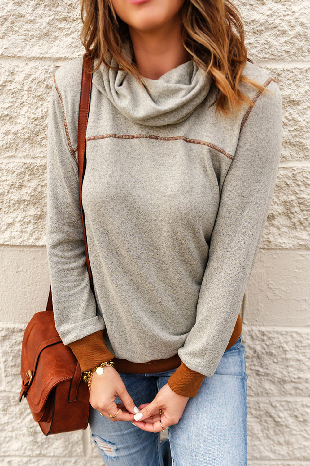 Contrast Cowl Neck Long Sleeve Top