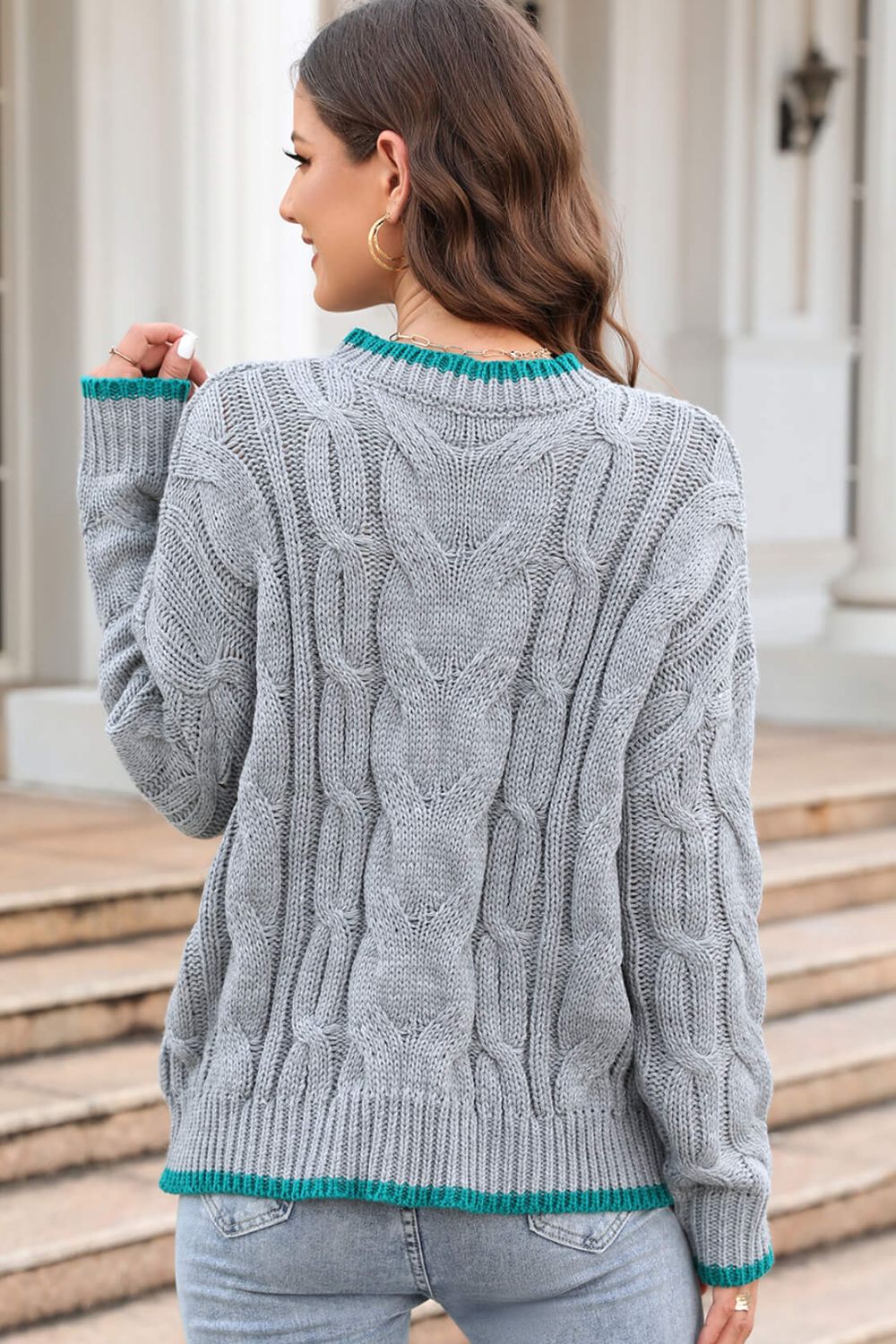 Contrast Trim Cable-Knit Sweater