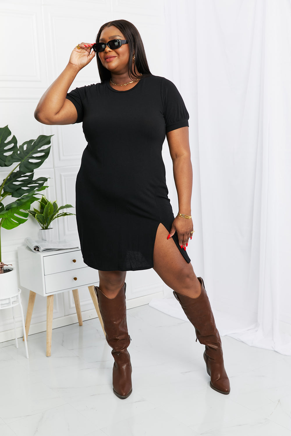 CY Fashion Full Size Slit Short Sleeve Dress in Black