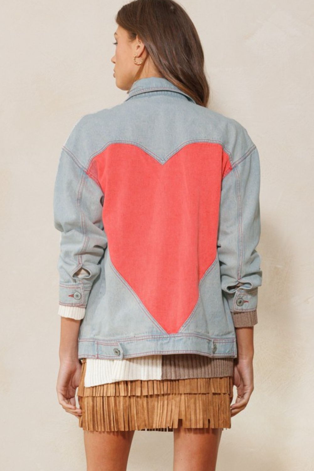 ODDI Full Size Contrast Heart Denim Jacket