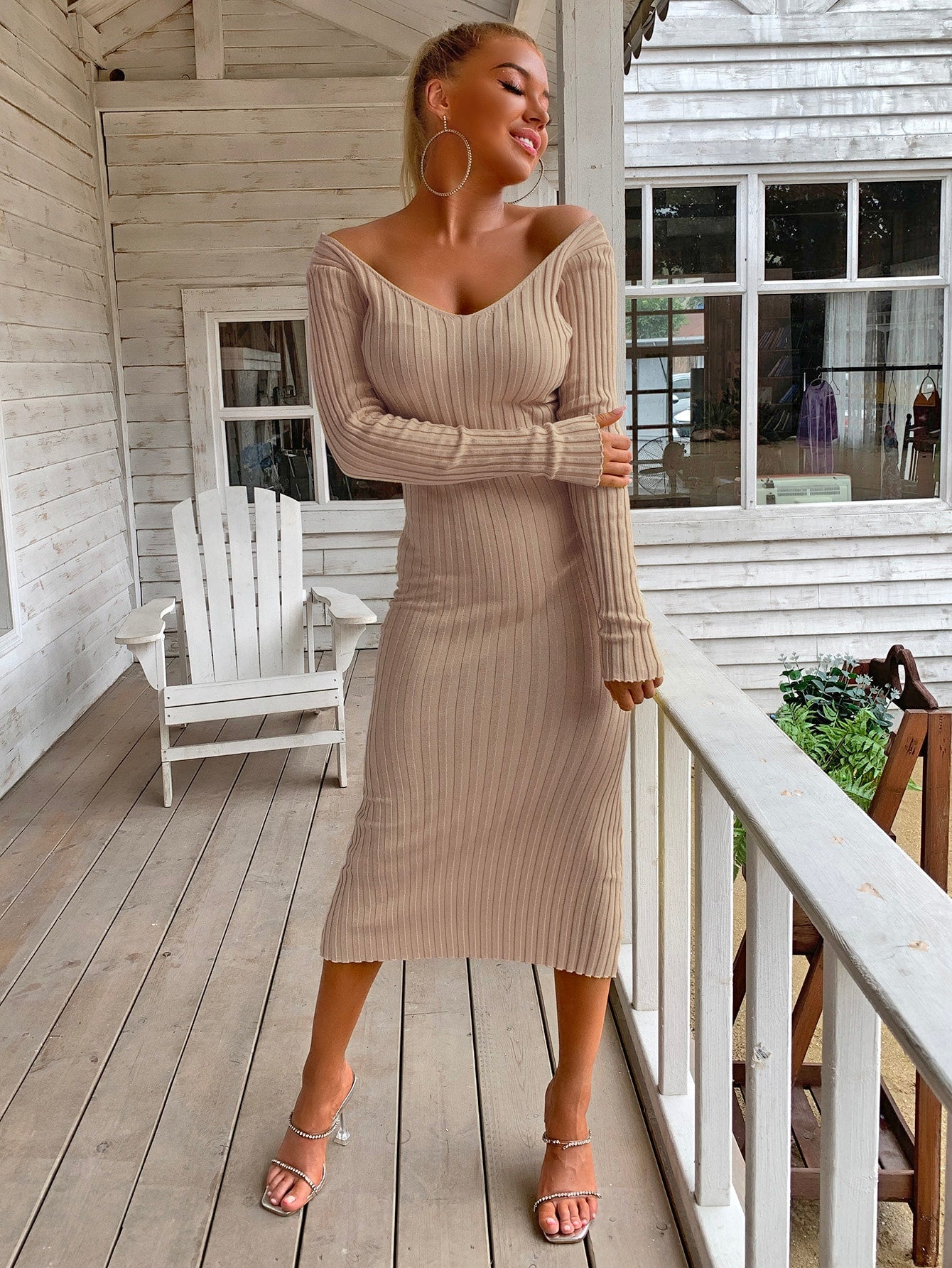 Ribbed V-Neck Midi Sweater Dress