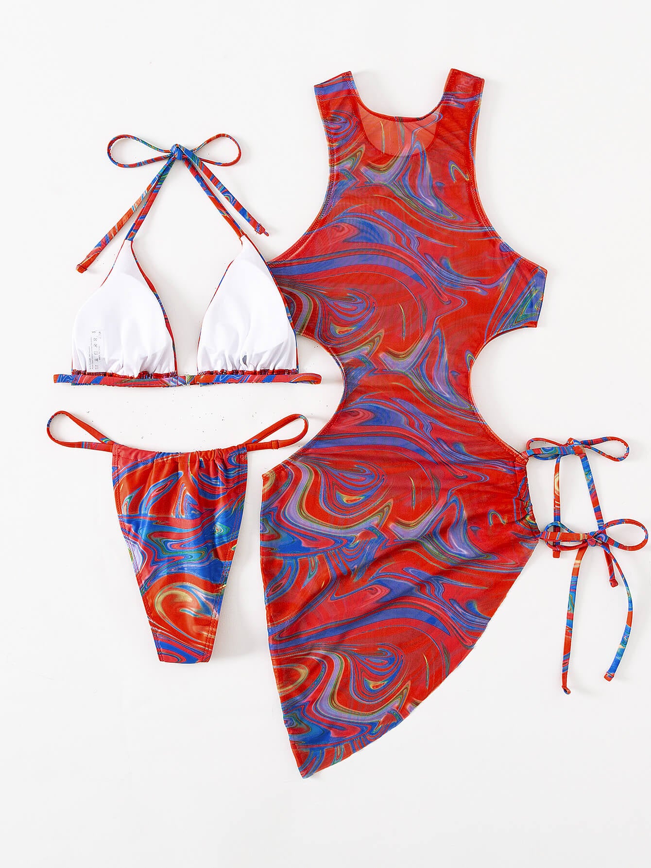 Abstract Print Tied Three-Piece Swimsuit