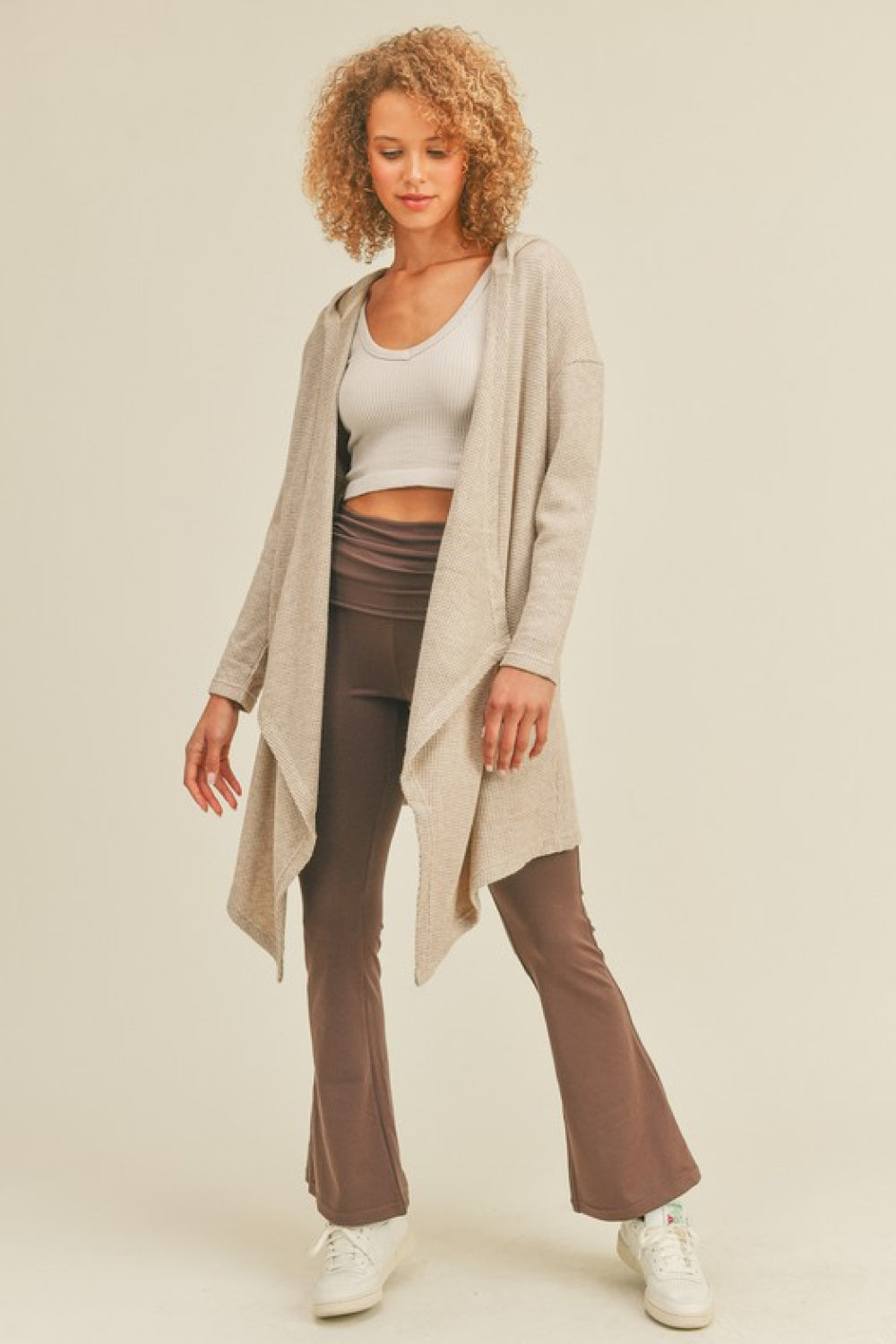 Kimberly C Full Size Waffle Knit Hooded Cardigan in Sand