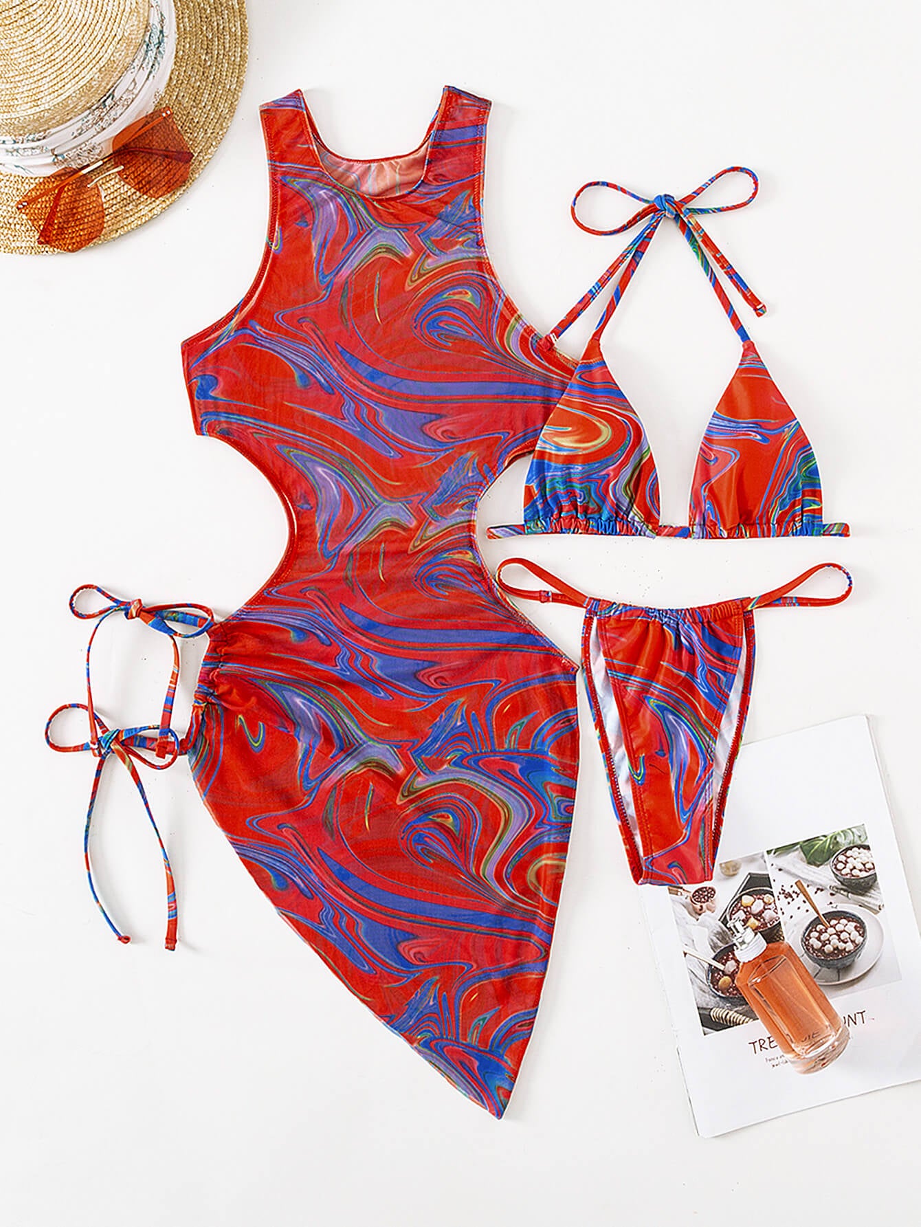 Abstract Print Tied Three-Piece Swimsuit
